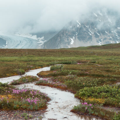 lone backpacker pausing by a river in front of huge cloudy alaska mountains