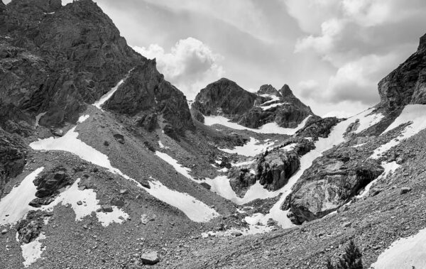 Black and white image of snowy mountains