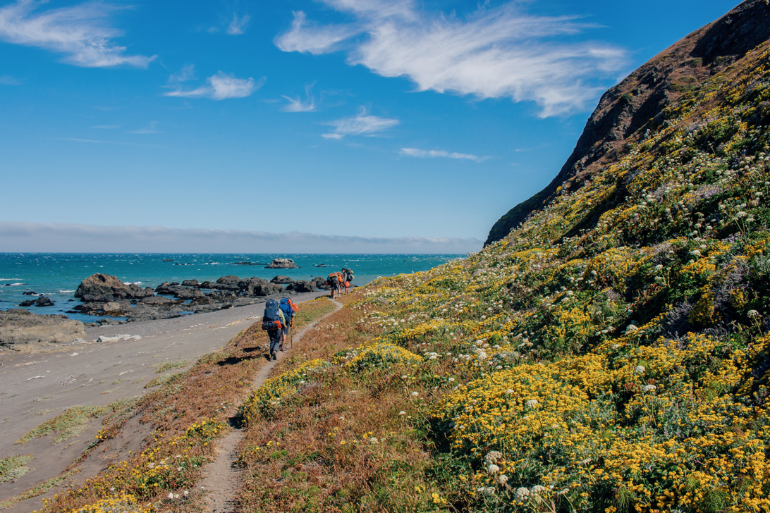 Group of people backpacking along the Lost Coast of California.